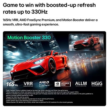 LG Micro RGB evo AI MRGB95 with Ultimate Gameplay shows a vibrant, high-speed racing scene with a blurred comparison inset highlighting Motion Booster 330, while supporting 165 Hz, VRR, AMD FreeSync, ALLM, HGiG, and GeForce NOW.
